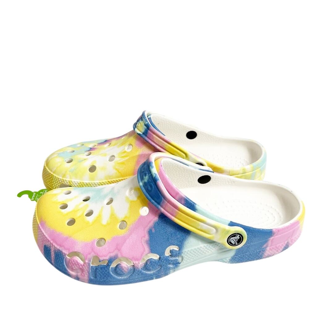 CROCS BAYA TIE DYE PINK YELLOW WHITE BLUE CLOGS UNISEX WOMEN 12 OR MEN 11 NEW